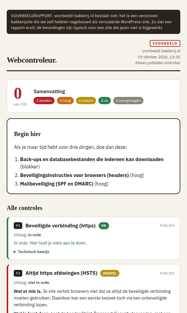 Eerste pagina van het voorbeeldrapport voor de verzonnen site voorbeeld-bakkerij.nl